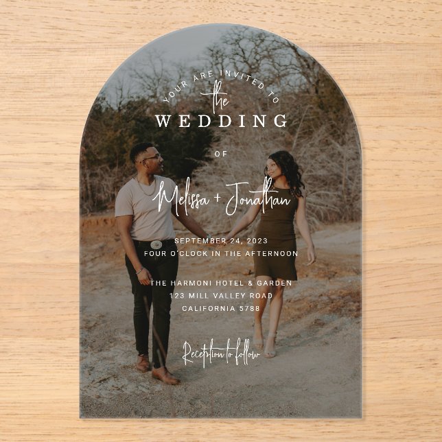 Elegant Handwritten Script Photo Arch Wedding  Acrylic Invitations (Front)
