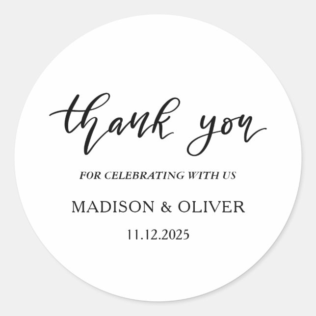 Elegant Handwritten Script Thank You Wedding Classic Round Sticker (Front)