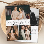 Elegant Handwritten Script Wedding Photo Collage   Thank You Card<br><div class="desc">Modern, Elegant, Swirly Hand Lettered Wedding Photo Collage Thank You Card. Stylish wedding thank you card template featuring three (3) photo on the front and one (1) photo on the back side. With the text "thank you" in a swirly cursive hand lettered typography script font in black on white background....</div>