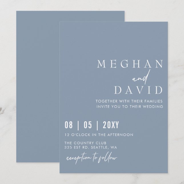 Elegant Handwritten Simple Dusty Blue Wedding Invitation (Front/Back)