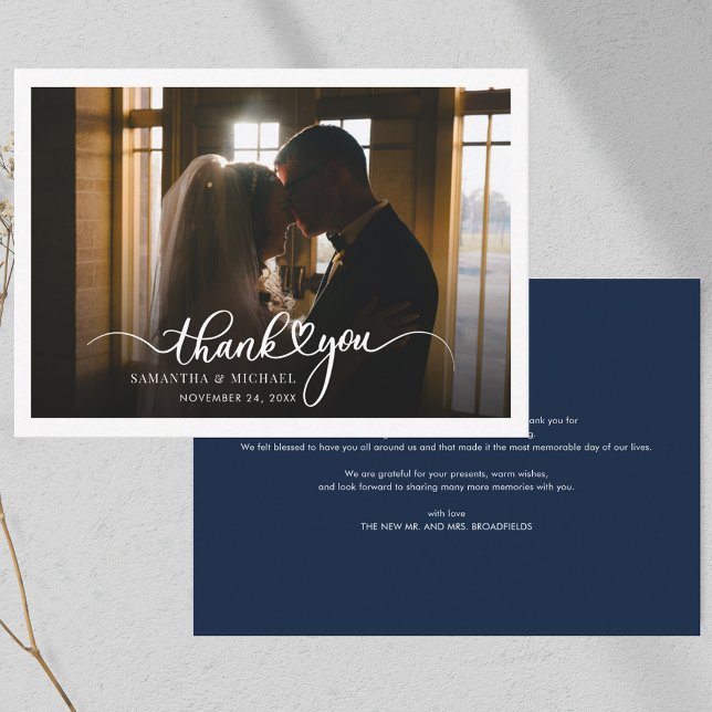 Elegant Handwritten Wedding Photo Thank You Card (Wedding Photo Script Navy Blue Thank You Note Card)