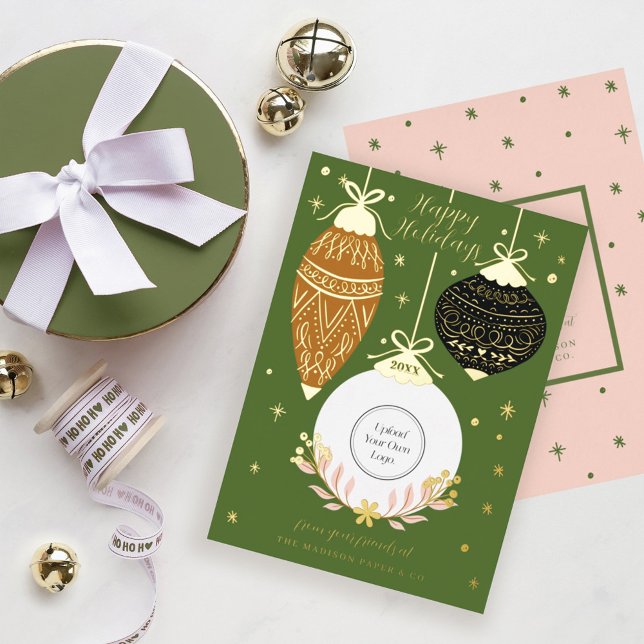 Elegant Hanging Christmas Ornaments Business Logo Foil Holiday Card (Creator Uploaded)