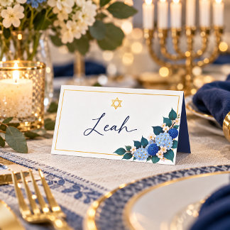 Elegant Hanukkah Gold Frame Blue Floral Place Card