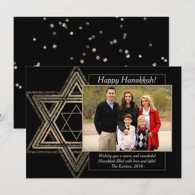 Elegant Hanukkah Gold Modern Star of David Photo Holiday Card (Front/Back)