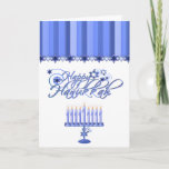 Elegant Hanukkah Greeting Card<br><div class="desc">Elegant Hanukkah greeting card, with lovely graphics of a blue menorah, at the bottom of the card and fancy graphic text reading Happy Hanukkah, in the middle. A blue striped pattern at the top has a blue star border. Inside greeting in blue script text is customisable to read anything you...</div>