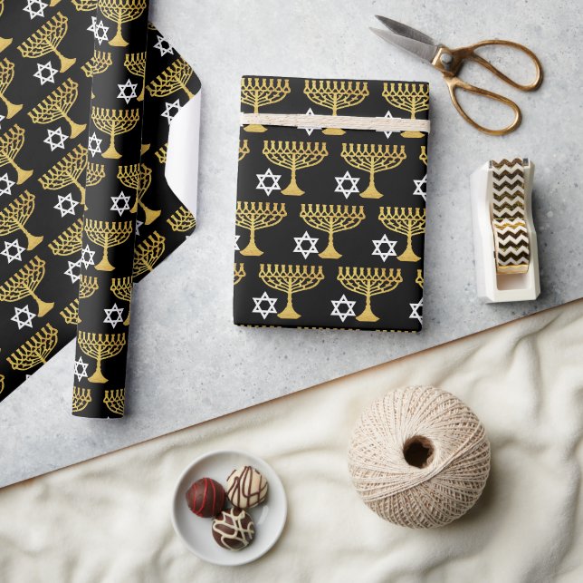 Elegant Hanukkah Holiday Pattern Gold Wrapping Paper (Crafts)