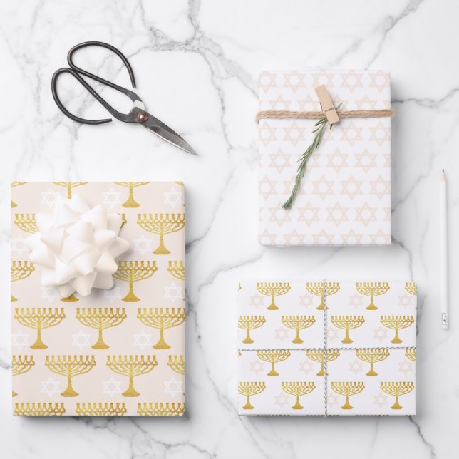 Elegant Hanukkah Holiday Pattern Gold Wrapping Paper Sheet (Front)