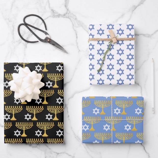 Elegant Hanukkah Holiday Pattern Gold Wrapping Paper Sheet (Front)
