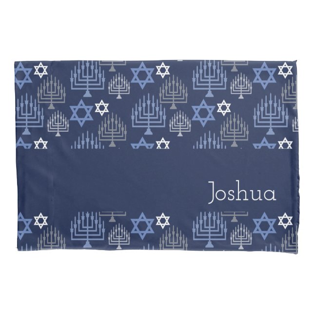 Elegant Hanukkah Menorah Blue Holiday Pattern Pillowcase (Front)