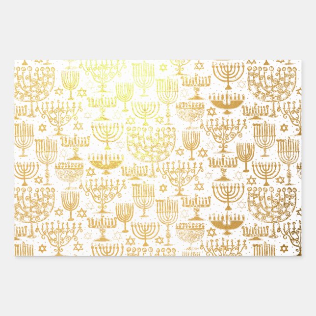 Elegant Hanukkah Menorah Pattern Foil Wrapping Paper Sheet (Front)