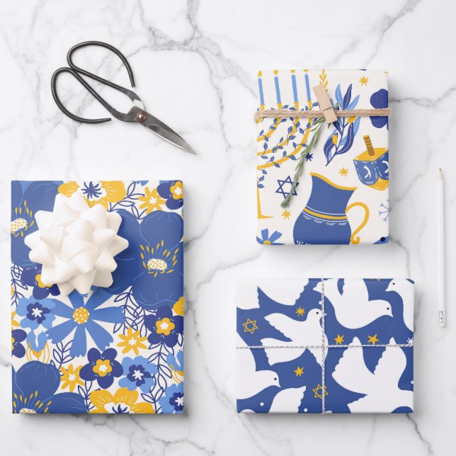 Elegant Hanukkah Pattern Yellow and Blue Gift Wrapping Paper Sheet (Front)