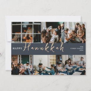 Elegant Hanukkah Typography Blue family photo Holiday Card