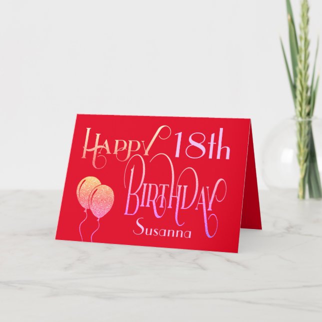 Elegant Happy 18th Name Red Birthday Card (Front)