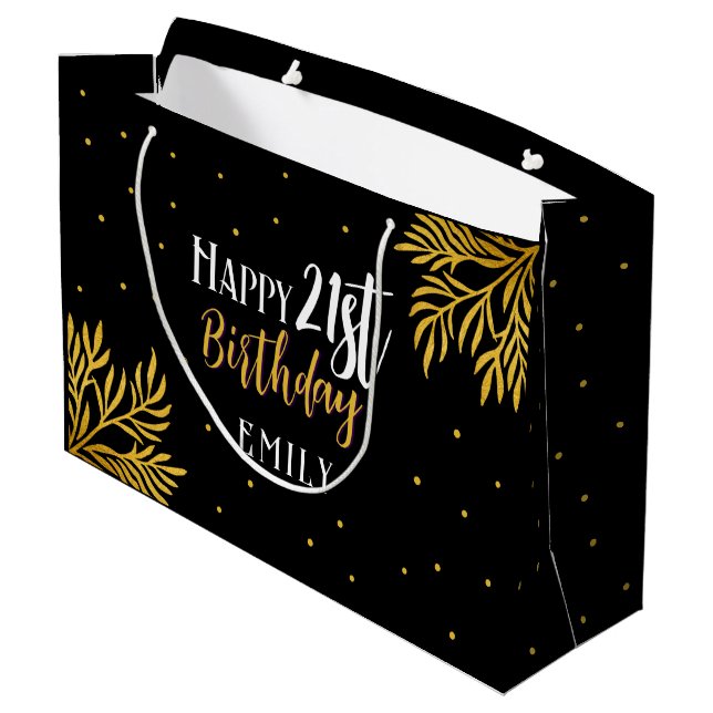 Elegant Happy 21st Birthday Gold Foliage  Large Gift Bag (Back Angled)
