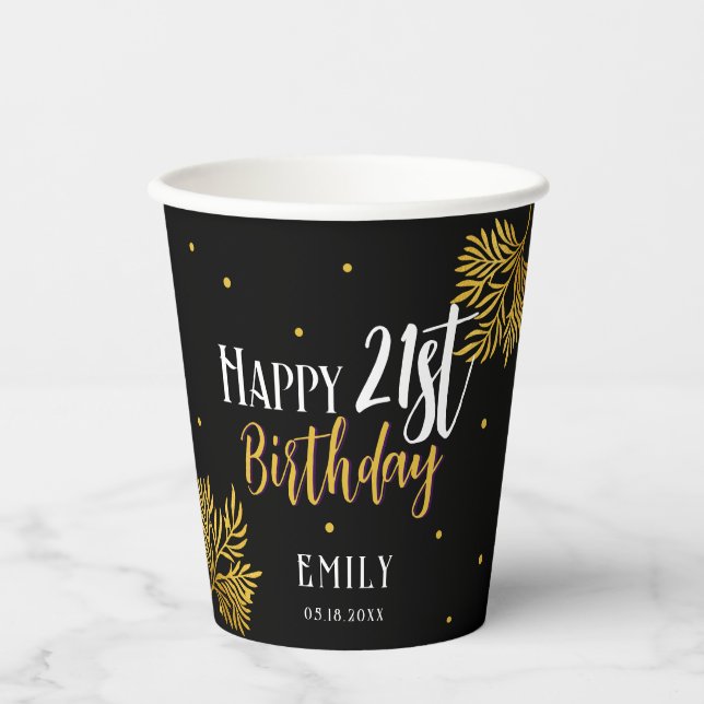 Elegant Happy 21st Birthday Gold Foliage Party Paper Cups (Front)
