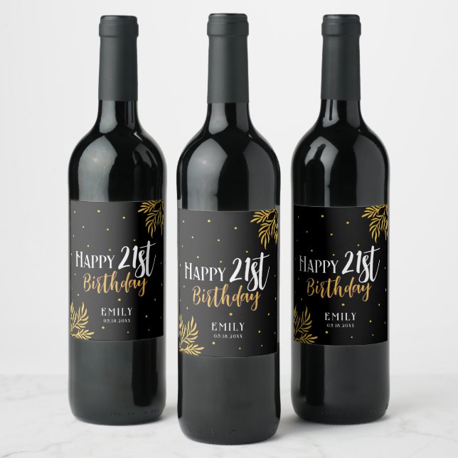 Elegant Happy 21st Birthday Gold Foliage Party Wine Label (Bottles)