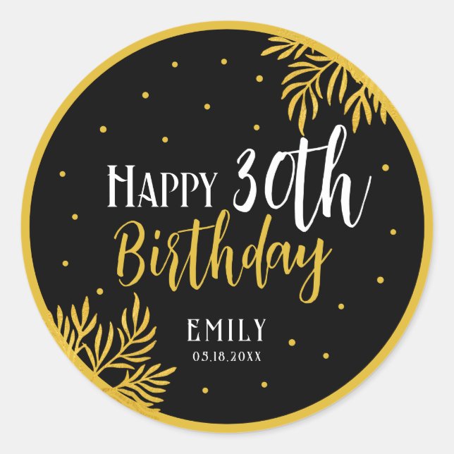 Elegant Happy 30th Birthday Gold Foliage Party Classic Round Sticker (Front)