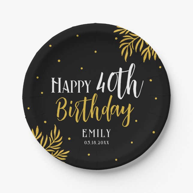 Elegant Happy 40th Birthday Gold Foliage Party Paper Plate (Front)