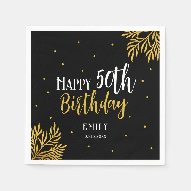 Elegant Happy 50th Birthday Gold Foliage Party Napkin (Front)