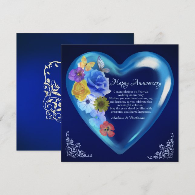 Elegant Happy 5th Wedding Anniversary Heart Navy  Card (Front/Back)