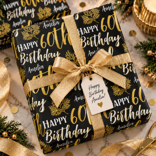 Elegant Happy 60th Birthday Black Gold Foliage Wrapping Paper Sheet