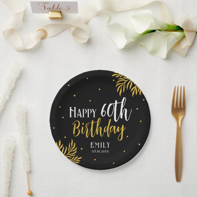 Elegant Happy 60th Birthday Gold Foliage Party Paper Plate (Wedding)