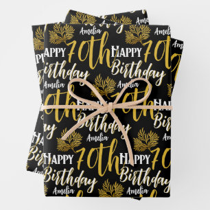 Elegant Happy 70th Birthday Black Gold Foliage Wrapping Paper Sheet
