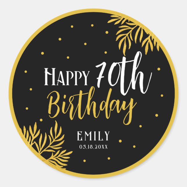 Elegant Happy 70th Birthday Gold Foliage Party Classic Round Sticker (Front)