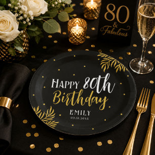 Elegant Happy 80th Birthday Gold Foliage Party Paper Plate