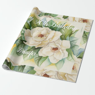  Elegant Happy 90th Birthday Floral White Name Wrapping Paper