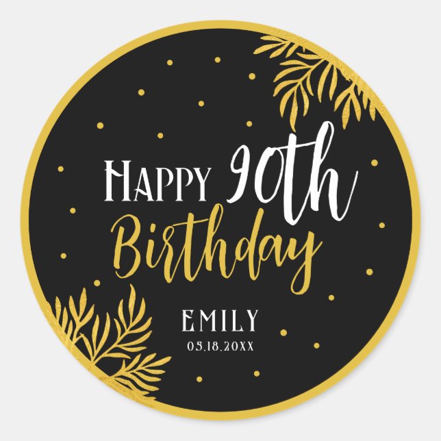 Elegant Happy 90th Birthday Gold Foliage Party Classic Round Sticker (Front)