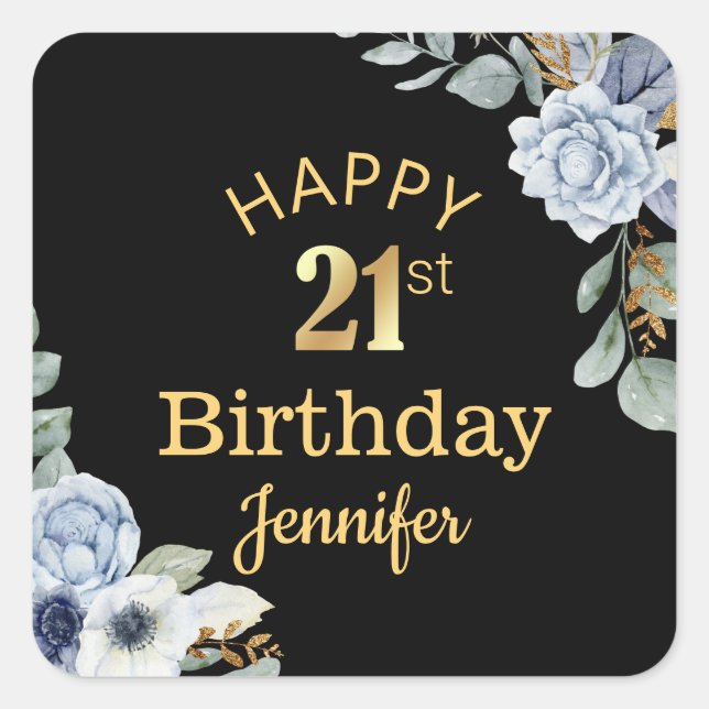 elegant happy birthday 21st floral gold black  square sticker (Front)
