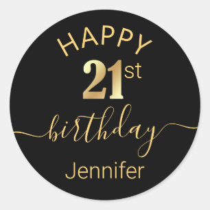 elegant happy birthday 21st gold black minimalist classic round sticker