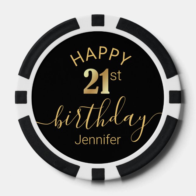 elegant happy birthday 21st golden black chic poker chips (Front)
