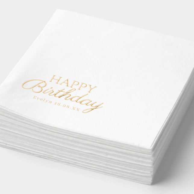 Elegant happy birthday | Custom Name & Date Foil Napkins (Detail)