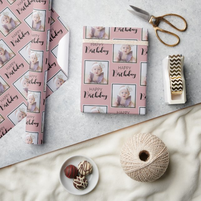 Elegant Happy Birthday Custom Photo Modern Pattern Wrapping Paper (Crafts)