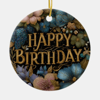 Elegant Happy Birthday greeting with golden text Ceramic Tree Decoration