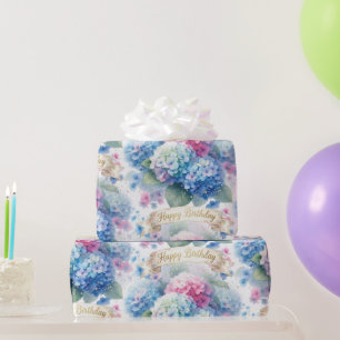 Elegant Happy Birthday Hydrangea Floral Wrapping Paper