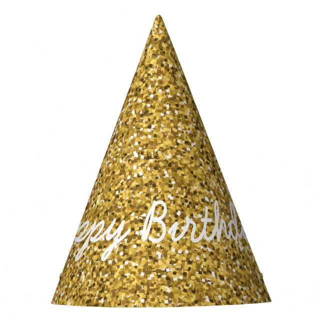 Elegant Happy Birthday in Faux Gold Glitters Party Hat (Front)