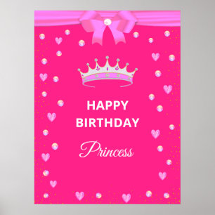 Elegant Happy Birthday Princess  & Gems on Fuchsia Poster