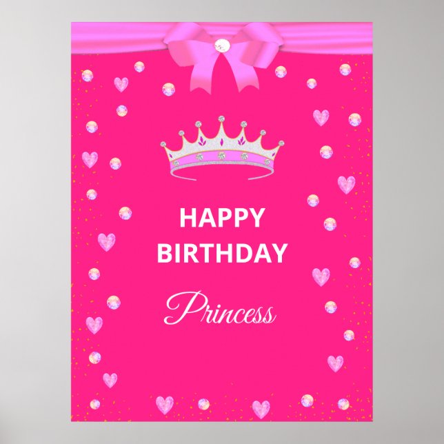 Elegant Happy Birthday Princess  & Gems on Fuchsia Poster (Front)
