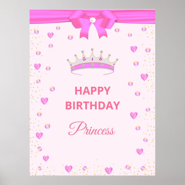 Elegant Happy Birthday Princess  & Gems on Pink Poster (Front)