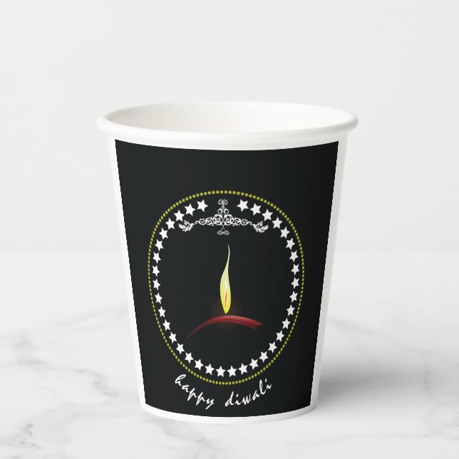 Elegant Happy Diwali Diya Flame Star Wreath Paper Cups (Front)