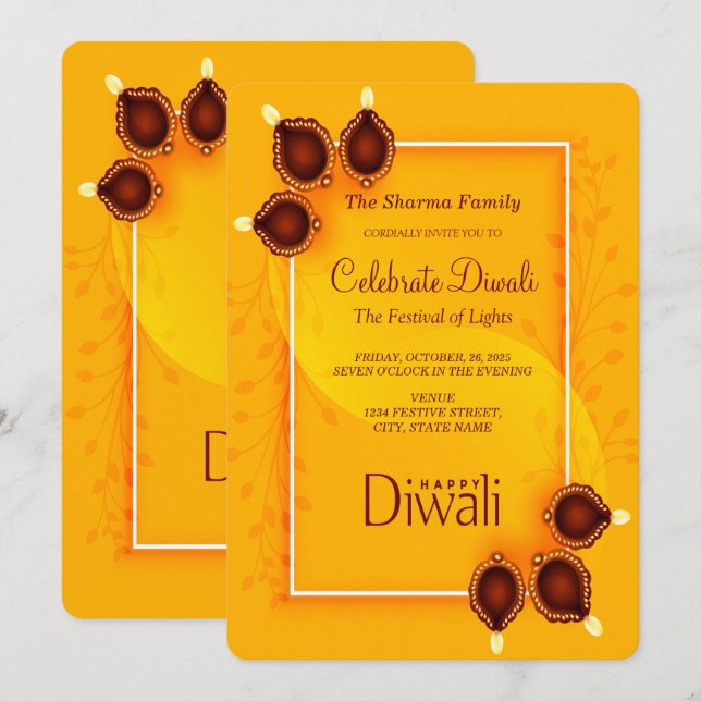 Elegant Happy Diwali Golden Party Invitation (Front/Back)