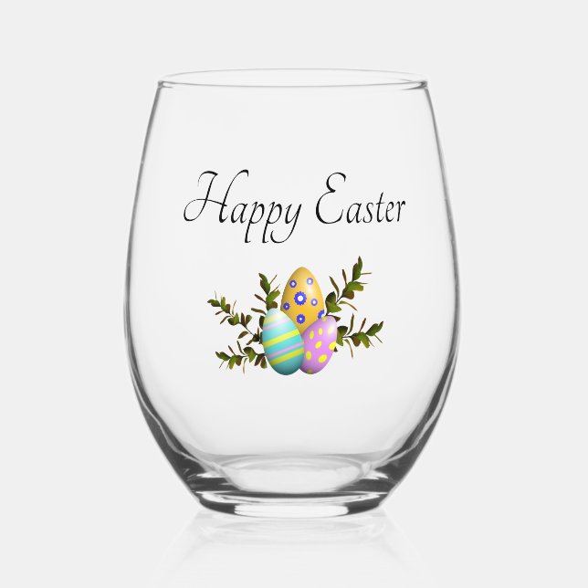 Elegant Happy Easter Decorative Eggs  Stemless Wine Glass (Front)