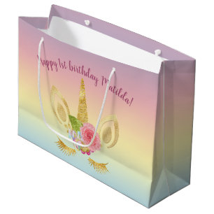 Elegant happy first birthday gold glitter unicorn large gift bag