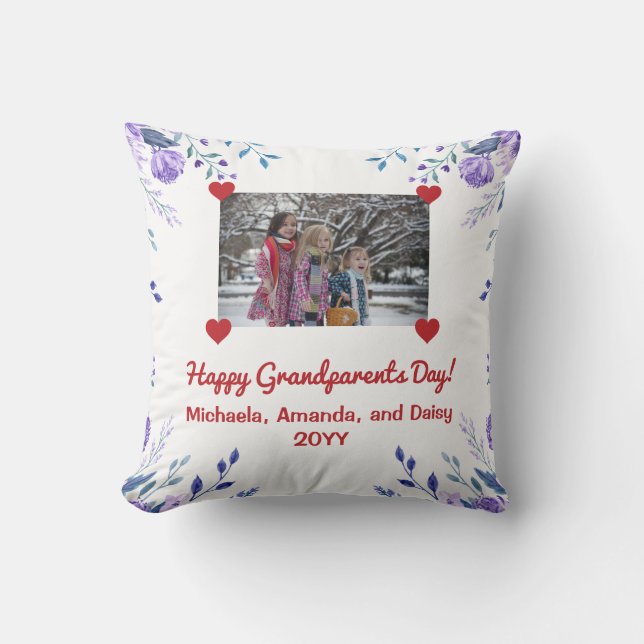 Elegant Happy Grandparents Day Cute Photo Floral  Cushion (Front)