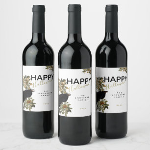 Elegant Happy Halloween Black Raven Family Name Wine Label