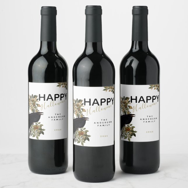 Elegant Happy Halloween Black Raven Family Name  Wine Label (Bottles)