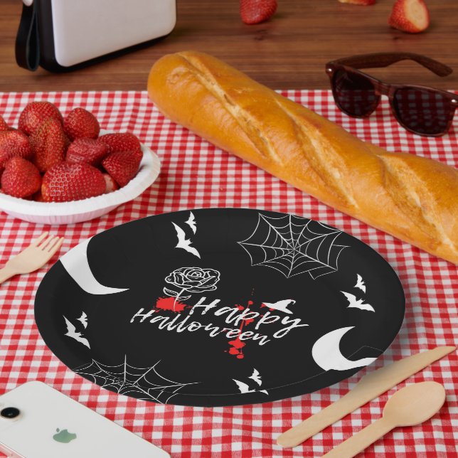 Elegant Happy Halloween Rose & Bats Paper Plate (Picnic)